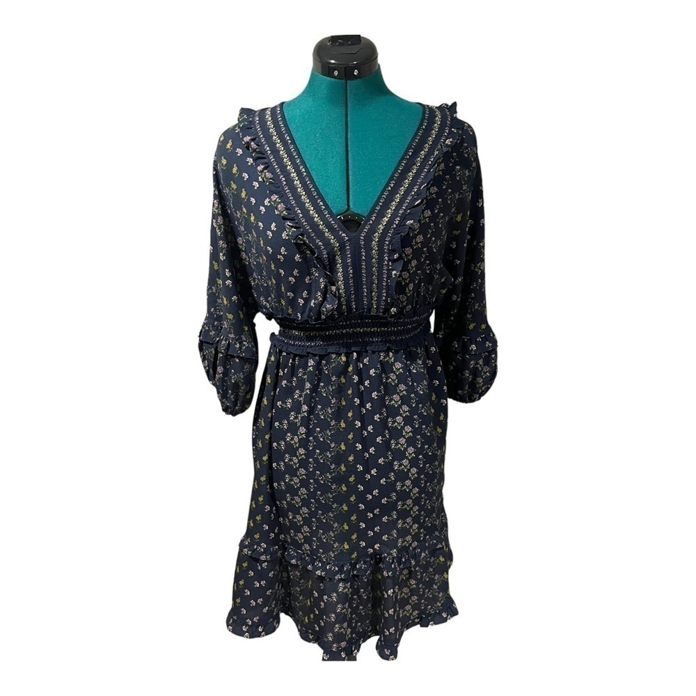 Max Studio Womens V-Neck Empire Waist Dress medium Navy Floral